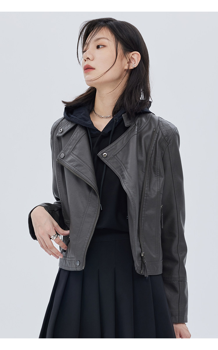 Кожаная куртка 覆古斜拉炼 炼 𫔀短款机车风上衣2025新款春秋立领修身黑色pu皮衣外套女 Tnxn