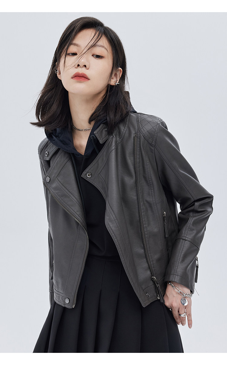 Кожаная куртка 覆古斜拉炼 炼 𫔀短款机车风上衣2025新款春秋立领修身黑色pu皮衣外套女 Tnxn