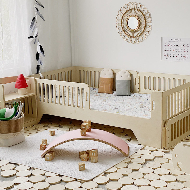 Korean baby cot birch multi-layer solid wooden board with guardrail children's beds for boys and girls
