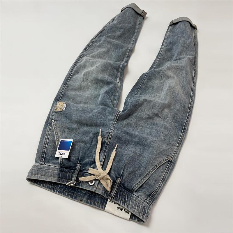 It ins Trendy Brand Jeans for Men, American Retro Style, Pure Cotton, Distressed, Elastic Waist, Drawstring, Tapered Slim Fit Casual Pants