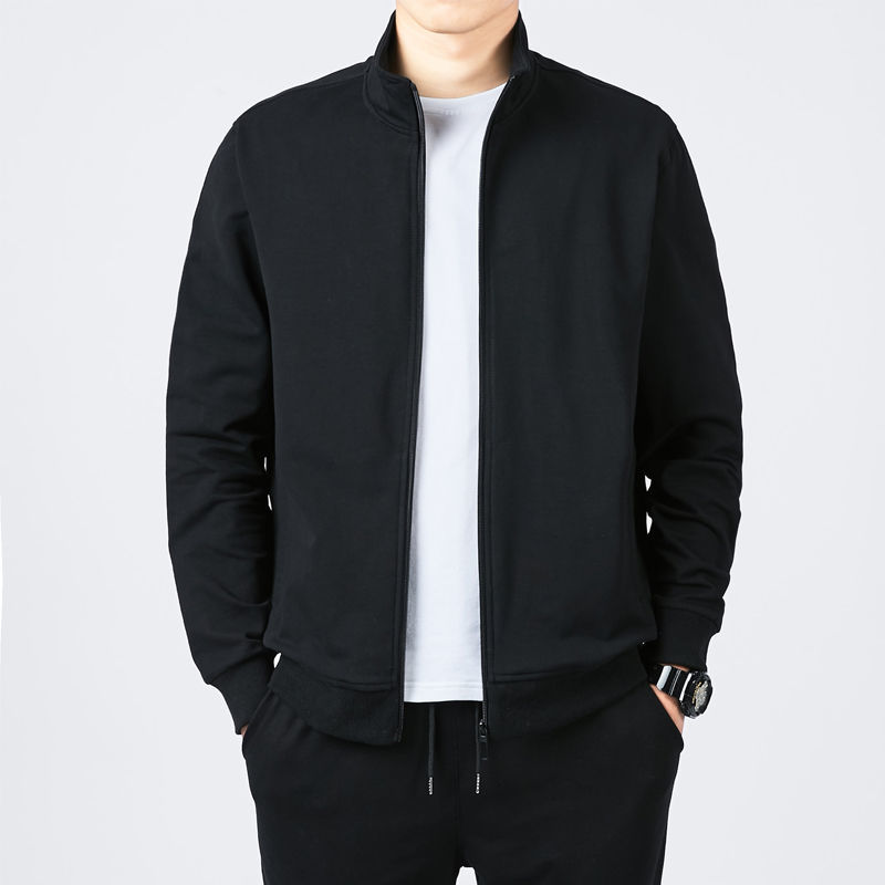 It ins Pure Cotton Sports Jacket for Men, Spring Hoodless Stand-Up Collar Sweatshirt, Thin Knitted Slim-Fit Zipper Pocket Cardigan