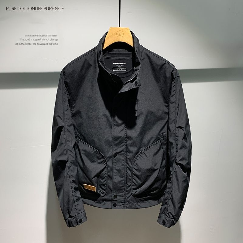 It ins Trendy Brand Jacket for Men, Spring and Autumn Hong Kong Style Workwear Stand Collar Embroidered Logo Badge Slim Fit Thin Windbreaker Jacket