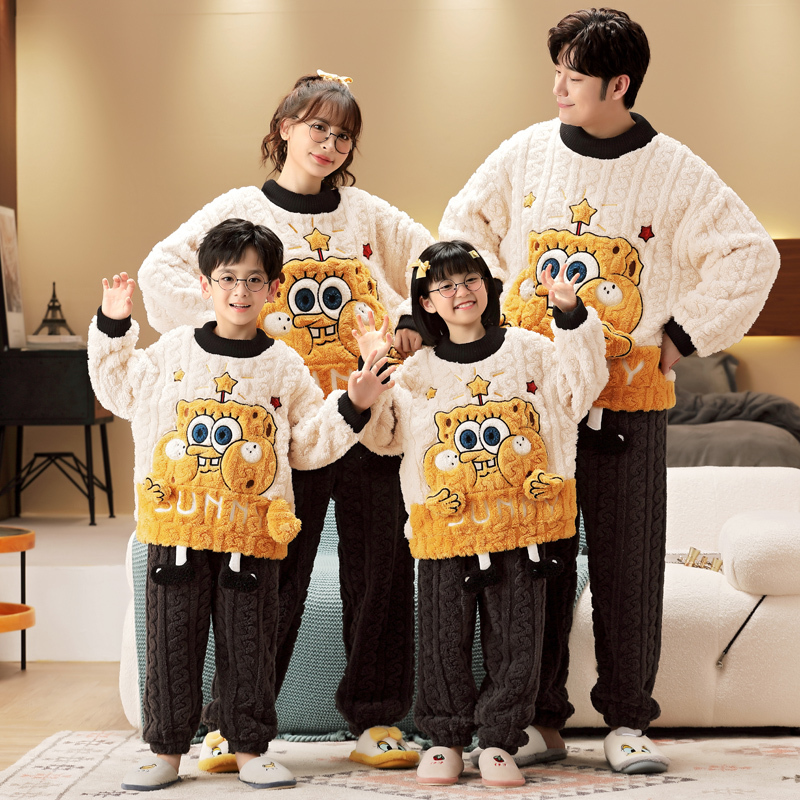 Winter Long-Haired Coral Velvet Long-Sleeved Couple Pajamas for Men and Women, Kidsren's Family Clothing, Cartoon Spongebob Flannel