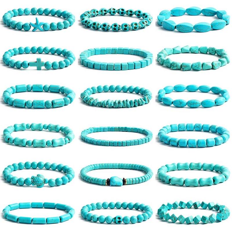 Cross-Border Hot-Selling Products on Aliexpress and Amazon: European and American Turquoise Elastic Rope Bracelet Set for Men and Women, Couples, and Best Friends