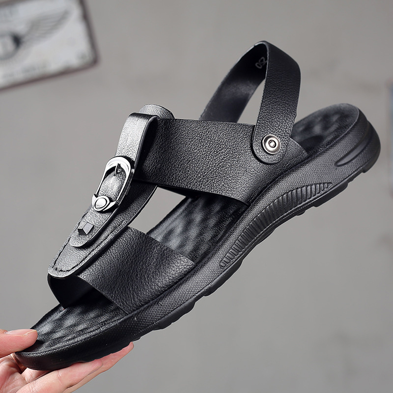 Summer men genuine leather breathable beach shoes Men's headlined Bull Leather Trends 100 Hitch Sandals Fashion Hollowed-out Leather Sandals