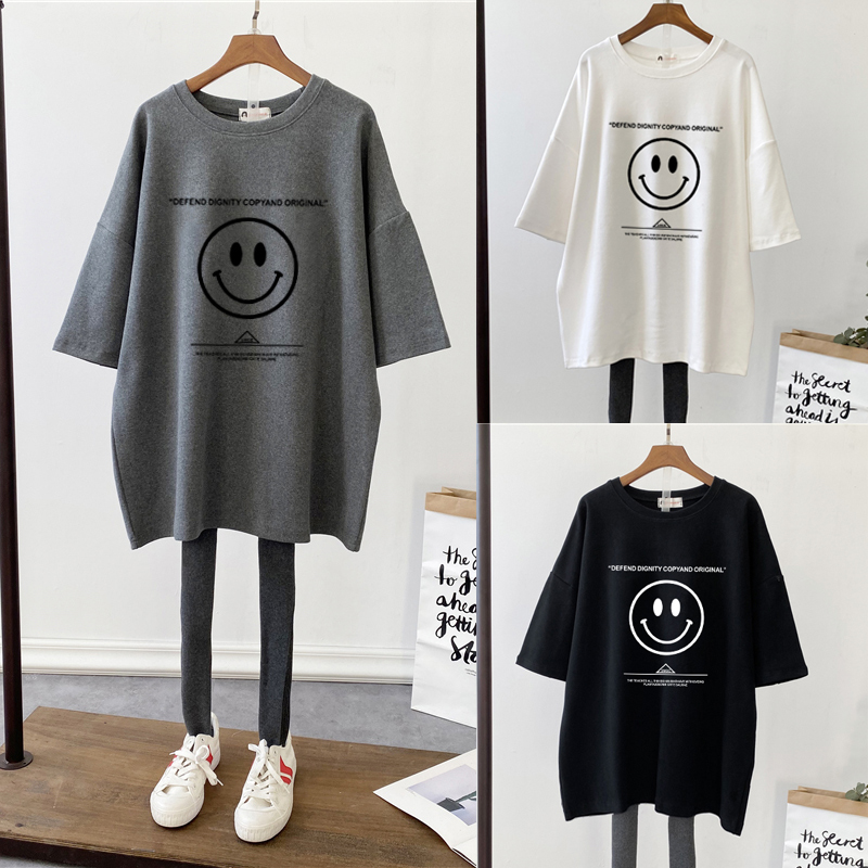 Pure Cotton Smiley Face Short Sleeve T-Shirt Woman Medium Long Version 2022 New Korean Version Loose Casual Minima Blouse Spring Summer Tide