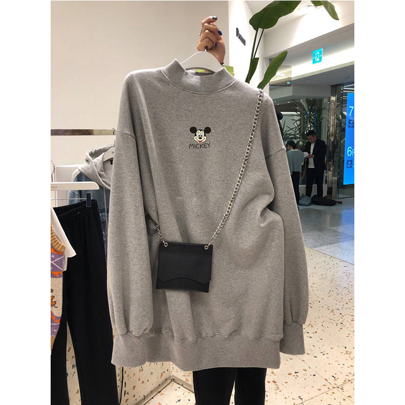2021 new thick cotton T women's loose and casual all-match mid-length pullover half turtleneck top plus velvet thick autumn and winter