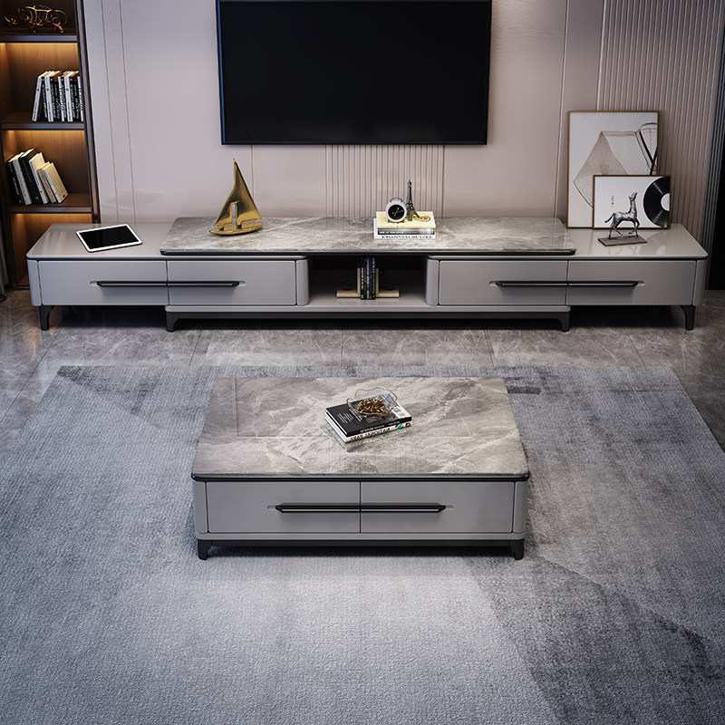 Rock slab tea table TV cabinet combination modern minimalist living room home small apartment marble retractable TV cabinet