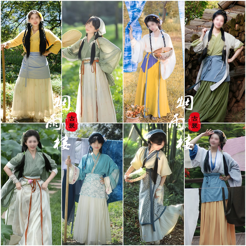Pastoral Style Hanfu, Traditional Clothing for Female Farmers, Ancient Style Cross-Collar Hanfu, Daily Outfit, Stage Performance Costume