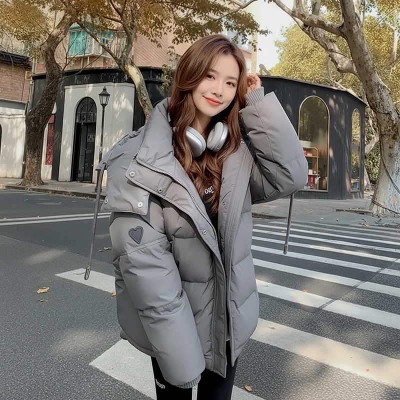 Heart-Shaped Gray Short down Jacket for Couples, Hooded, Thickened, Unique Design, Loose-Fitting Coat