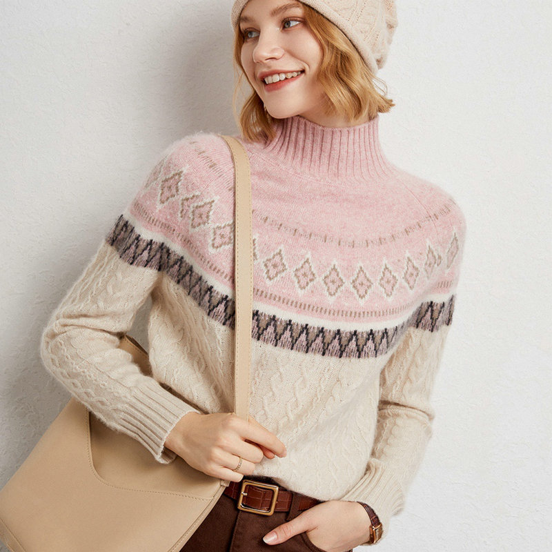 Jacquard Cashmere Sweater for Women, Half Turtleneck, Knitted, Loose, Thickened, Base Layer Sweater, Autumn and Winter, Retro Color-Blocking Fair Isle Sweater Jacquard Cashmere Sweater for Women, Half Turtleneck, Knitted, Loose, Thickened, Base Layer Sweater, Autumn and Winter, Retro Color-Blocking Fair Isle Sweater