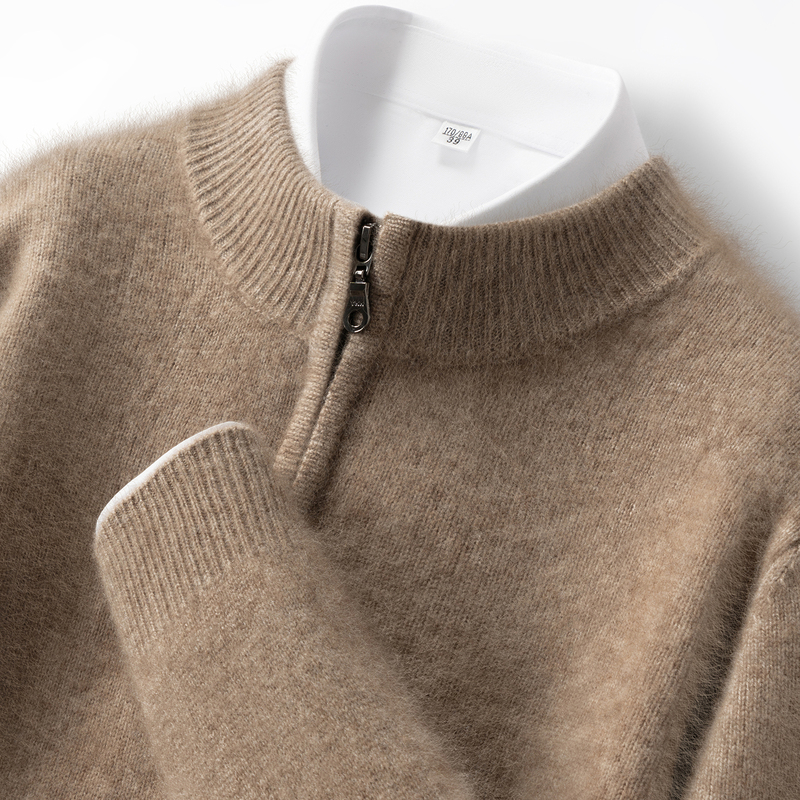 Men's Half-Turtleneck Cashmere Sweater, Knitted Half-Zip Sweater, Loose and Fashionable Long-Sleeve Wool Base Shirt for Autumn and Winter