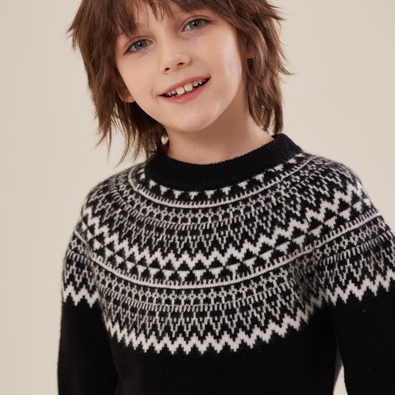 Fair Isle Children's Cashmere Sweater, Unisex, Round Neck, Knitted Jacquard, Base Layer, Autumn and Winter, Thickened, Color-Blocked, for Older Children