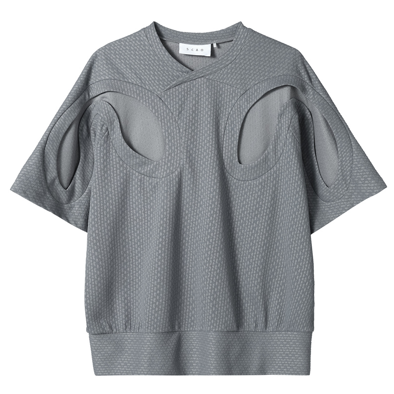 54A0 [Fern T-Shirt] Oversized Design with Unique Tailoring, Niche Loose Fit, Curved Patchwork, Deconstructed Knit Short-Sleeve Top