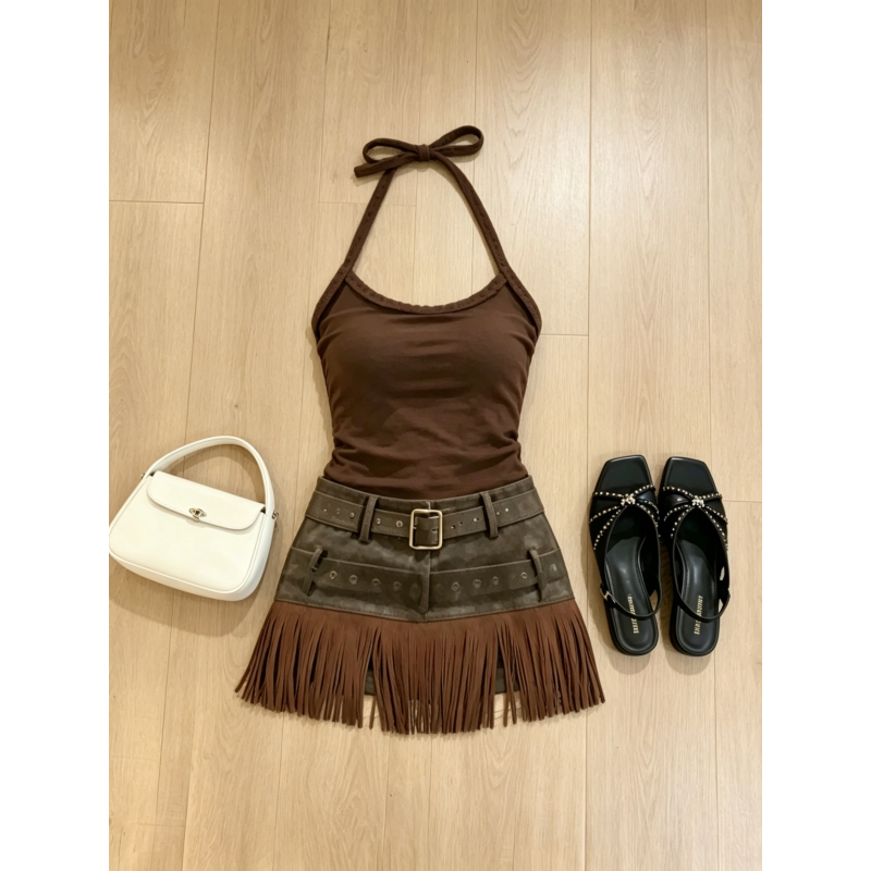 2026 Super Trendy Unique Summer Outfit Set: Spicy Girl Camisole Top with a Stylish Tassel Short Skirt Set 2026 Super Trendy Unique Summer Outfit Set: Spicy Girl Camisole Top with a Stylish Tassel Short Skirt Set