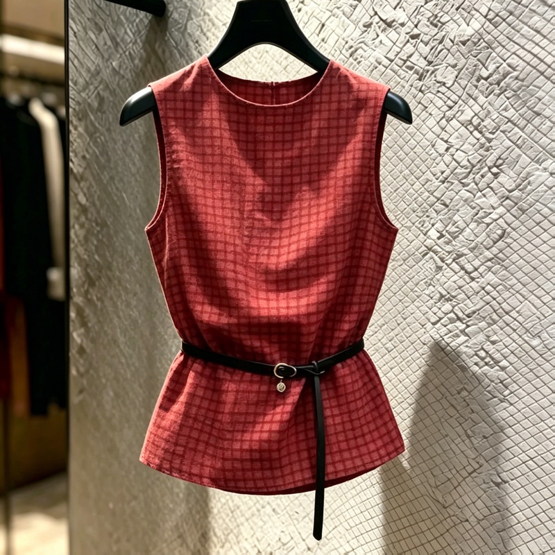 Very Stylish Retro Red Plaid Vest Shirt for Women, 2026 Summer Niche Chic Sweet and Spicy Sleeveless Top