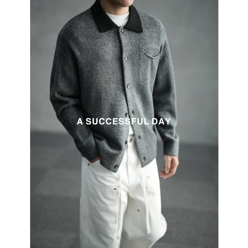 Assdy | Fluffy and Soft Velvet/Contrasting Color Lapel Knit Cardigan for Men, Autumn and Winter Old Money Style Loose Sweater Jacket.