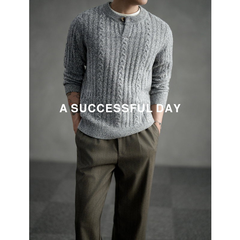 Assdy | 100% Sheep Wool/Cable Knit Henry Collar Sweater for Men, New Autumn Style Old Money Knitwear, Loose-Fitting Knit Shirt. Assdy | 100% Sheep Wool/Cable Knit Henry Collar Sweater for Men, New Autumn Style Old Money Knitwear, Loose-Fitting Knit Shirt.