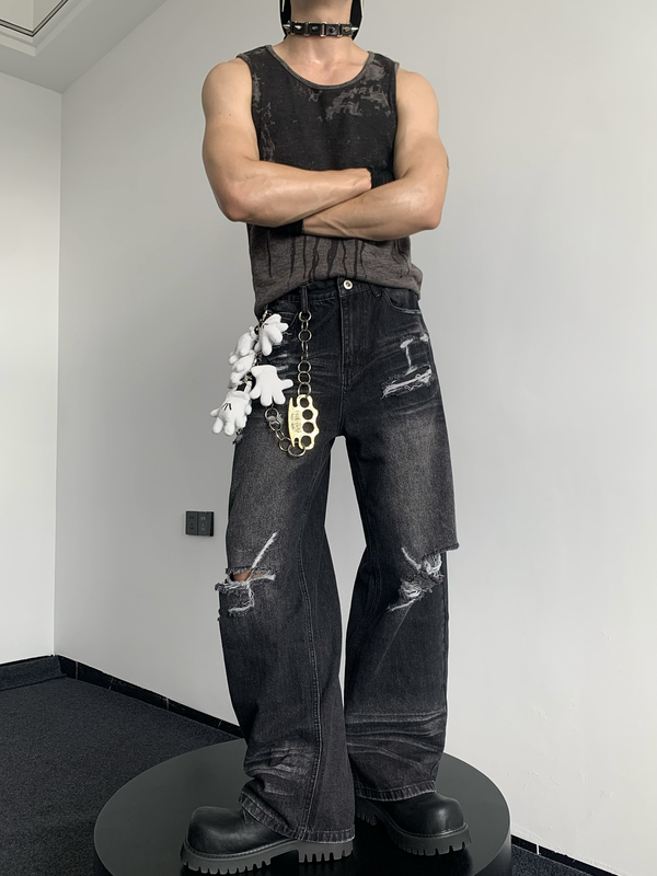 Light Subculture Youthful Punk Heavy-Duty Washed Distressed Ripped Jeans Whiskered Destroyed Loose Straight-Leg Pants