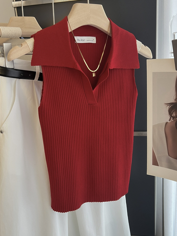 Retro Red V-Neck Shoulderless Sleeveless Knitted Halter Top for Women to Wear Outside in Summer Sexy Sexy Vest T-Shirt Top