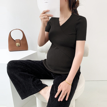 2023 new summer style slim fit nursing cross V-neck maternity wear plus size womens short-sleeved top