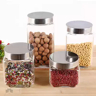 Home creative storage box with lid glassware sealed storage tank bottle stainless steel lid square jar