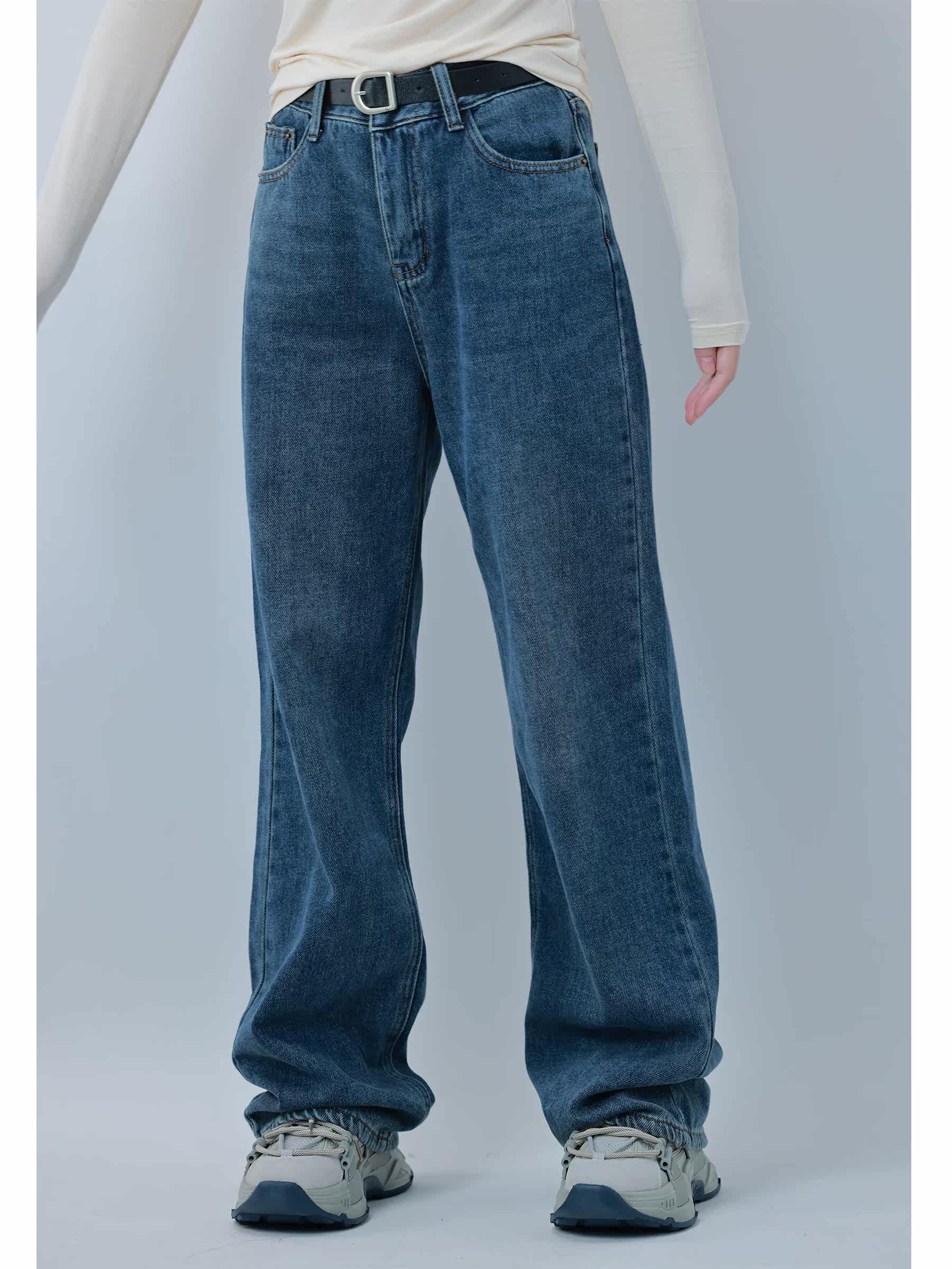 Hu sister fleece jeans women's 2022 autumn and winter new Korean version loose high waist slim straight trousers with belt