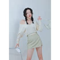 Sister Hu lantern sleeve off-the-shoulder V-neck sweater 2022 autumn and winter new design temperament sweater top women