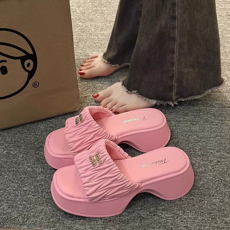 Internet Celebrity Super Popular Small Fragrance Barbie Pink Slippers for Women Spring Outer Wear High-Bottom Platform Thick-Soled Heightening Beach Sandals