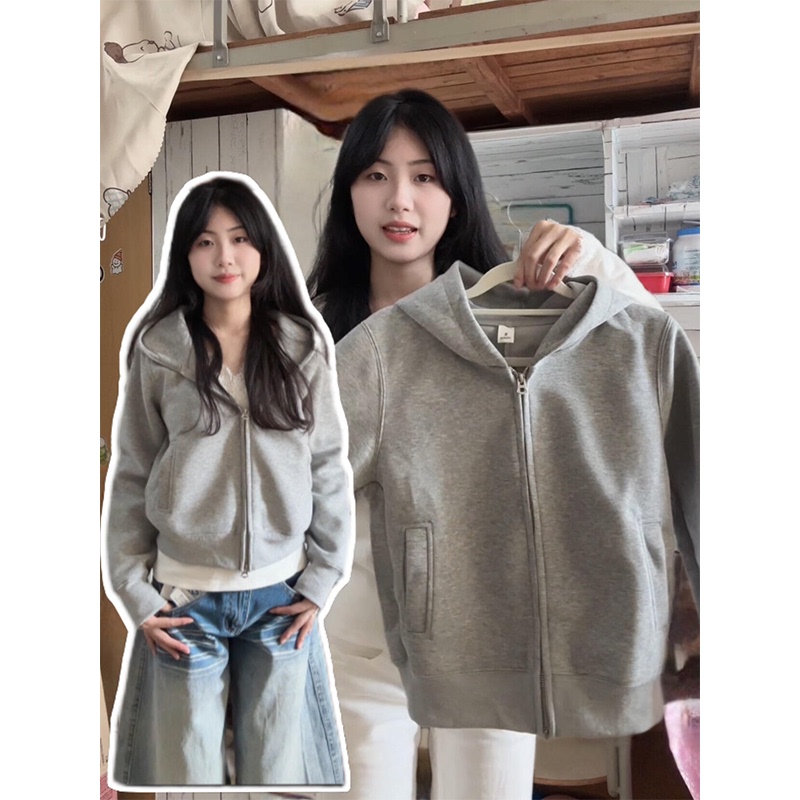Gray Short Sweatshirt Jacket for Women, 2026 New Style, Regular Shoulder, Hooded Cardigan, Autumn and Winter, Petite Top, Early Autumn Gray Short Sweatshirt Jacket for Women, 2026 New Style, Regular Shoulder, Hooded Cardigan, Autumn and Winter, Petite Top, Early Autumn