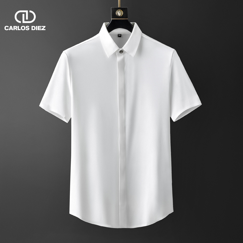 Light Luxury High-End Men's White Short-Sleeved Shirt, Ice Silk Thin Stretchy Slim-Fit Business Wrinkle-Free Black Shirt for Young Men