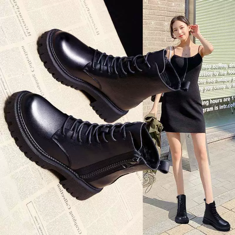 Martin boots nữ phong cách Anh 2020 giày bốt cộng nhung đầu máy lưới màu đỏ giày cao cổ nữ mùa xuân và mùa thu giày cao gót đơn giản - Giay cao