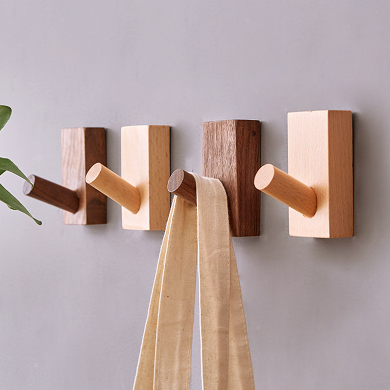 High-grade solid wood hook wood strong adhesive wall hanging wall without drilling entrance clothes hook Hanging clothes hook Creative Nordic