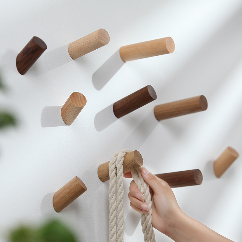 Solid wood hook Creative incognito hook punch-free strong adhesive wall hanging coat door back bedroom wooden hanging hook