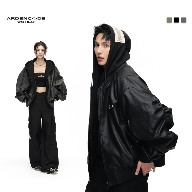 Ardencode Unlimited Hooded Ma1 Oversized Loose Baseball Heavy Pu Leather Jacket for Men and Women M8 Version