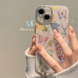 Simple oil painting colorful butterfly flowers suitable for Apple 14 mobile phone case iphone15promax new 12 comes with lens film 11 women's model 15pro anti-fall 14pro silicone 13 all-inclusive
