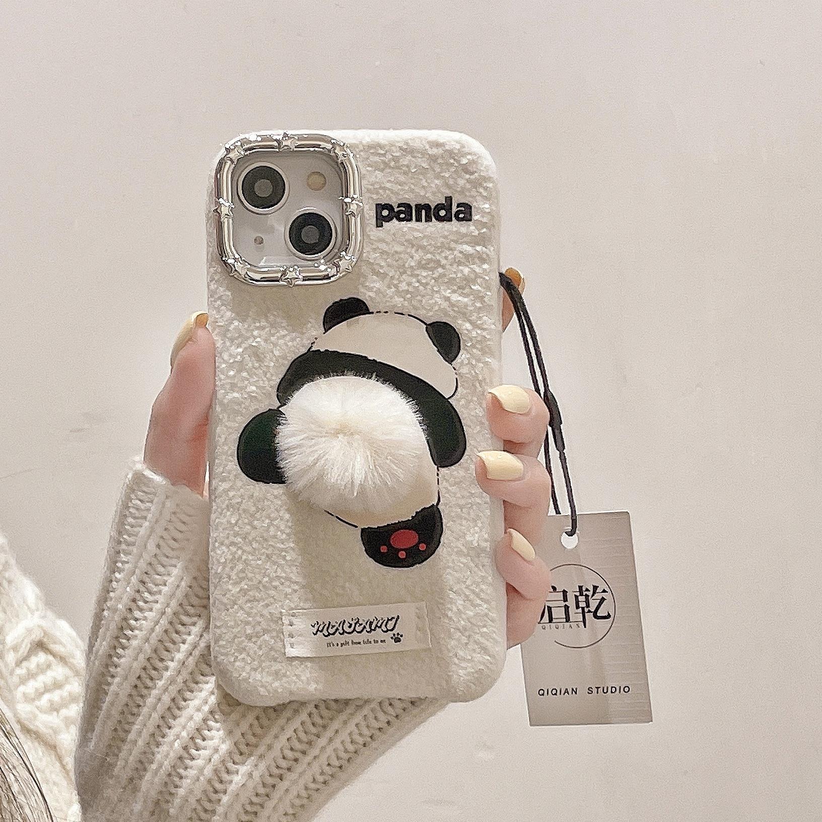 plush panda stereoscopic tail iPhone15 mobile phone shell suitable for apple 14 13promax adolescent heart 12 11 cute cartoon small crowdsourced new velvet furry autumn winter -