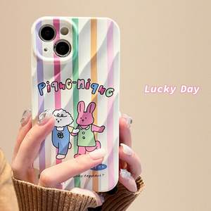 Color stripes cute puppy rabbit hand in hand suitable for apple 14promax mobile phone case fun iphone 13 new 12 female models 14pro anti-fall 11 niche 13pro silicone all-inclusive soft
