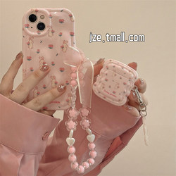 Girly heart pink flower rabbit ເຫມາະກັບ Apple 14 mobile case chain iPhone13ProMax new 12 anti-fall 13pro female 11 silicone 14pro headphone set niche all-inclusive soft shell