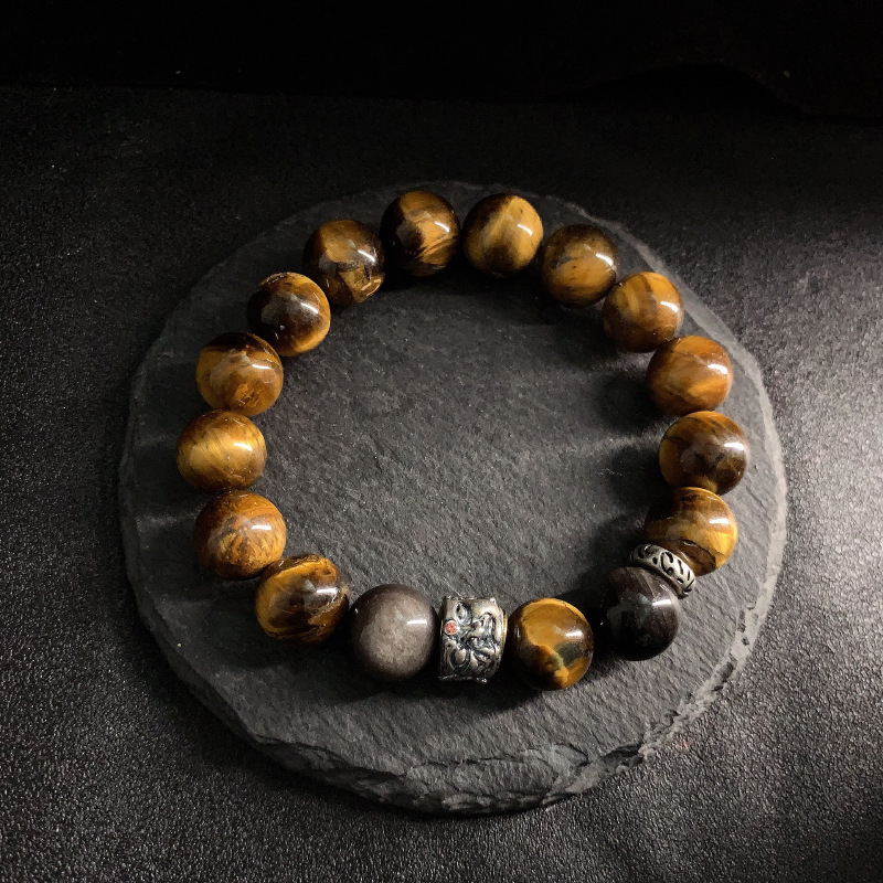 Yellow Tiger Eye Stone Bracelet for Men and Women, Original Design, 37 Silver Buddha Head Beads, Men's Retro Light Luxury Ethnic Style Accessory Trend