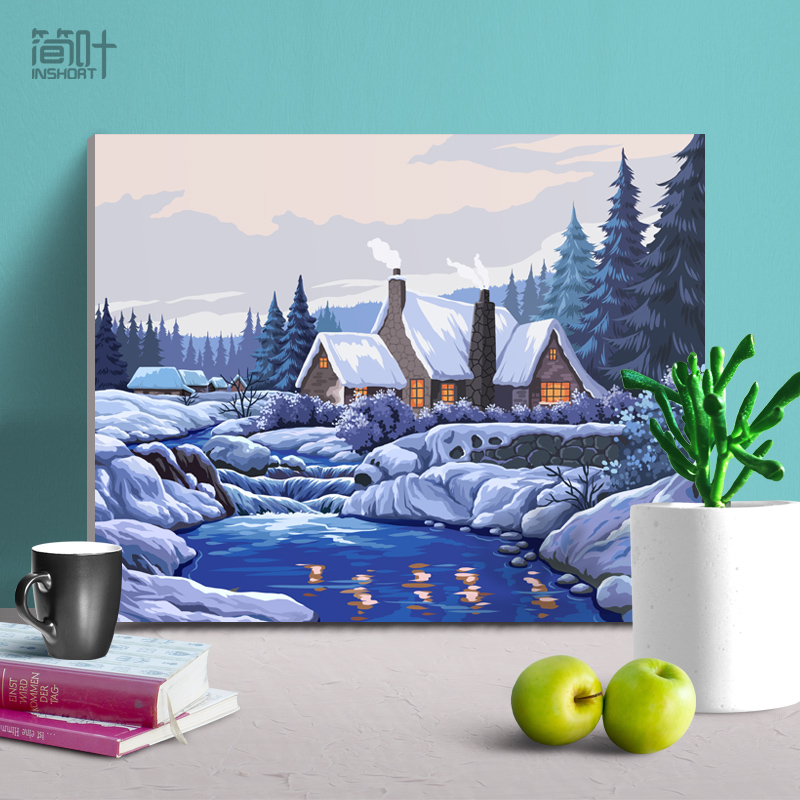 Brief Leaf Digital Oil Painting Handmade Diy Padding Painted High-definition Hand-painted Digital Oil Color Painting Winter Snow Scenery Hang Painting