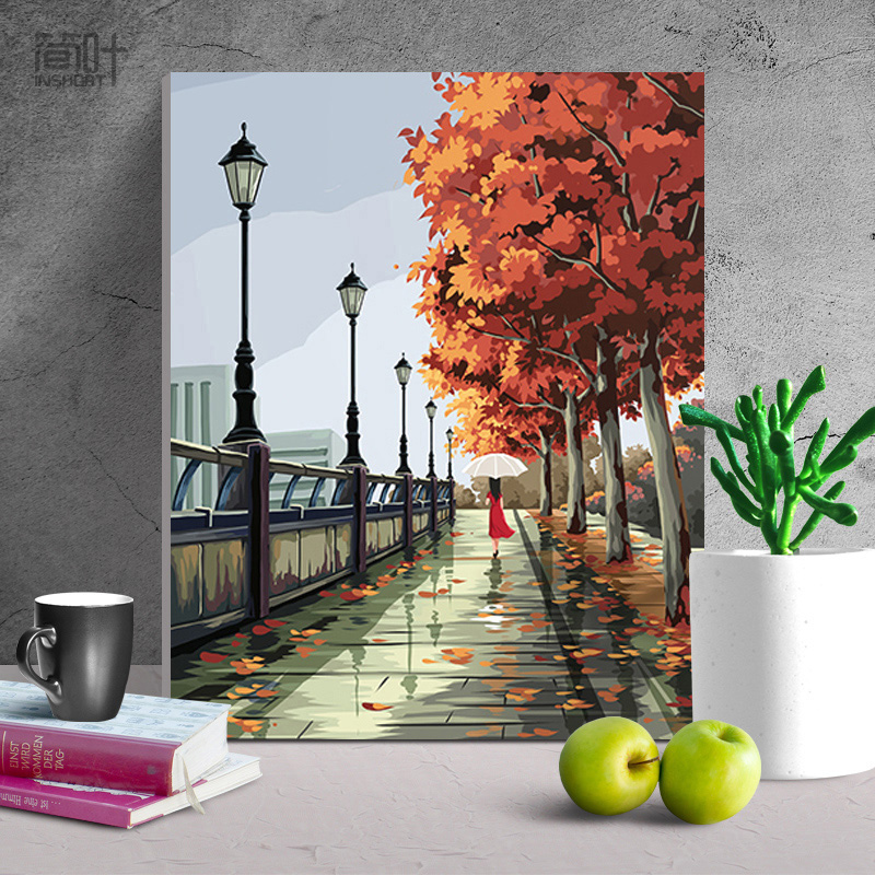 Jane leaf digital oil painting diy city street view architectural scenery hand-painted painting living room wall decoration painting hanging painting