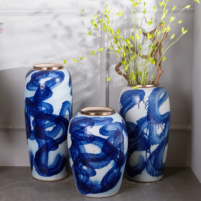 Jingdezhen hand-drawn blue porcelain floor large vase three pieces 0 4 0 5 0 6 m hotel villa fittings