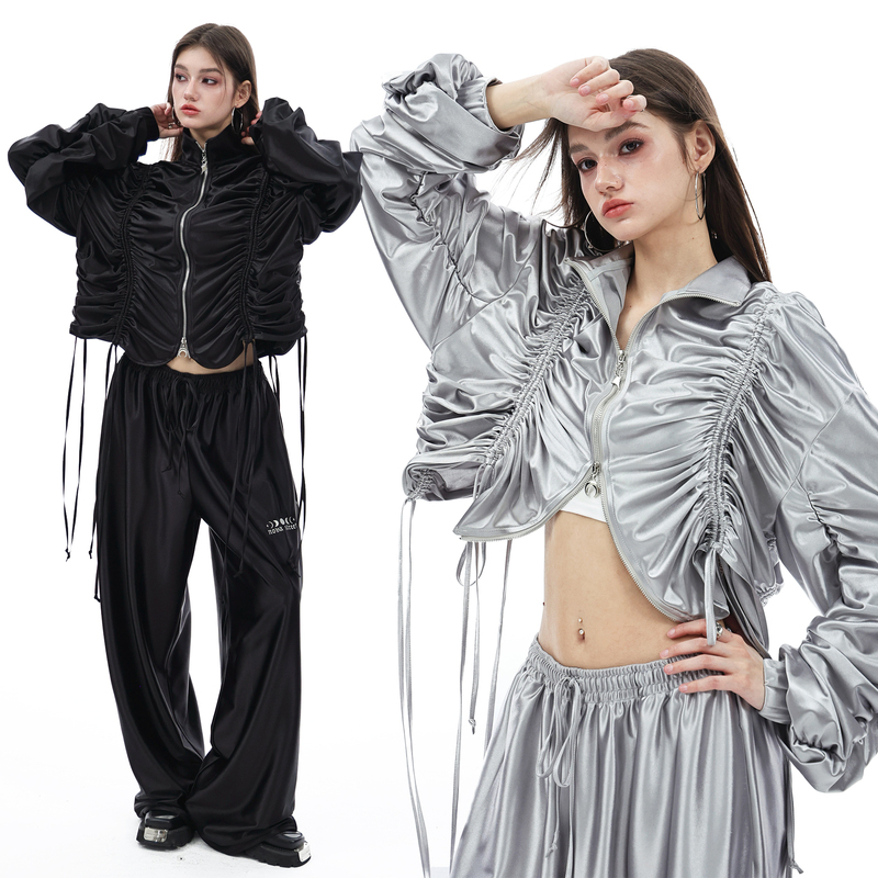 Nova Street Design Jacket with Adjustable Drawstring, Multi-Wear Pleated Metallic Satin Jacket for Women Nova Street Design Jacket with Adjustable Drawstring, Multi-Wear Pleated Metallic Satin Jacket for Women
