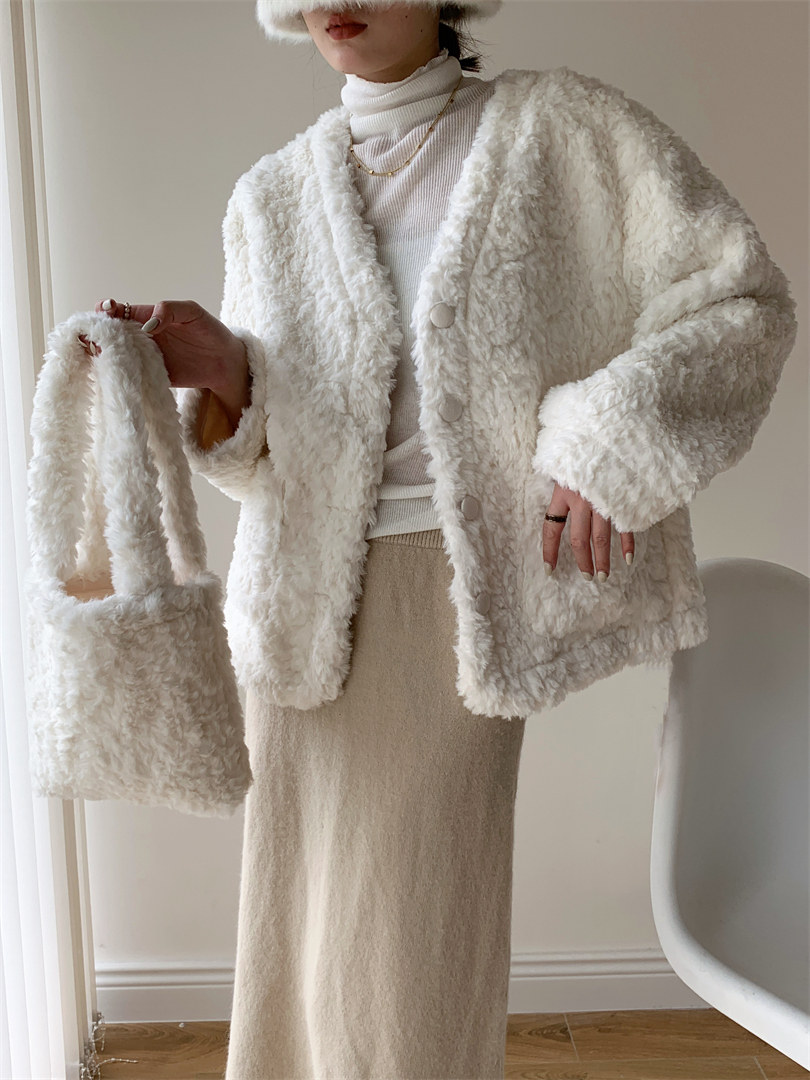 Austrian Kiss Winter Bag Lamb Wool Coat Women's Casual Loose Solid Color V-Neck Single-breasted Plush Velvet Age-Reducing Cardigan