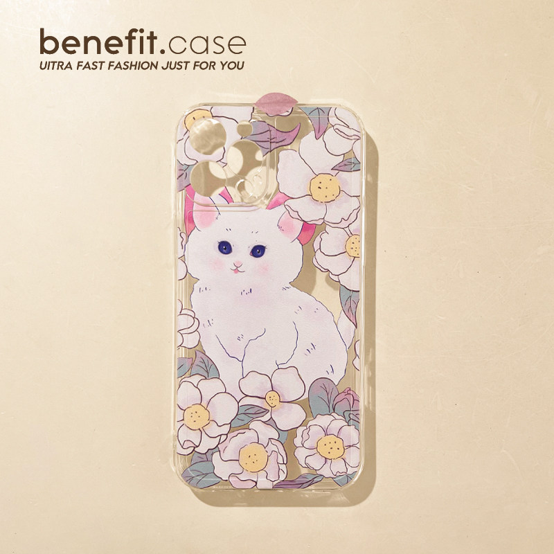 Benefit cute ins flowers cat suitable for Apple 13promax mobile phone case iphone12 transparent soft 14promax creative 11 female xsmax
