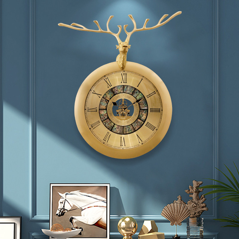Brass deer head wall clock living room pure copper clock modern light luxury decorative pendulum clock creative fashion art clock wall watch