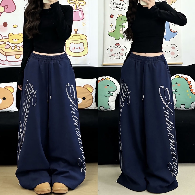 American Retro Letter Rhinestone Wide-Leg Pants for Women, Loose Casual Scimitar Pants, Drawstring High-Waisted Long Pants, Jazz Dance Pants