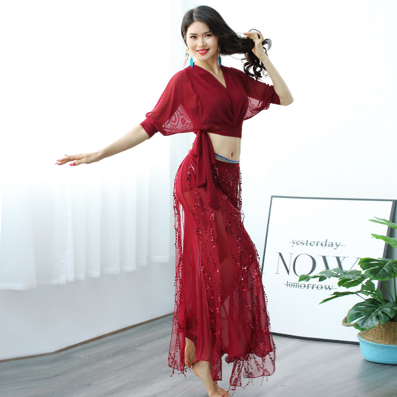Belly dance practice Gongfu Women beginner 2020 new sexy net yarn flow Su Long skirt large size group performance costumes