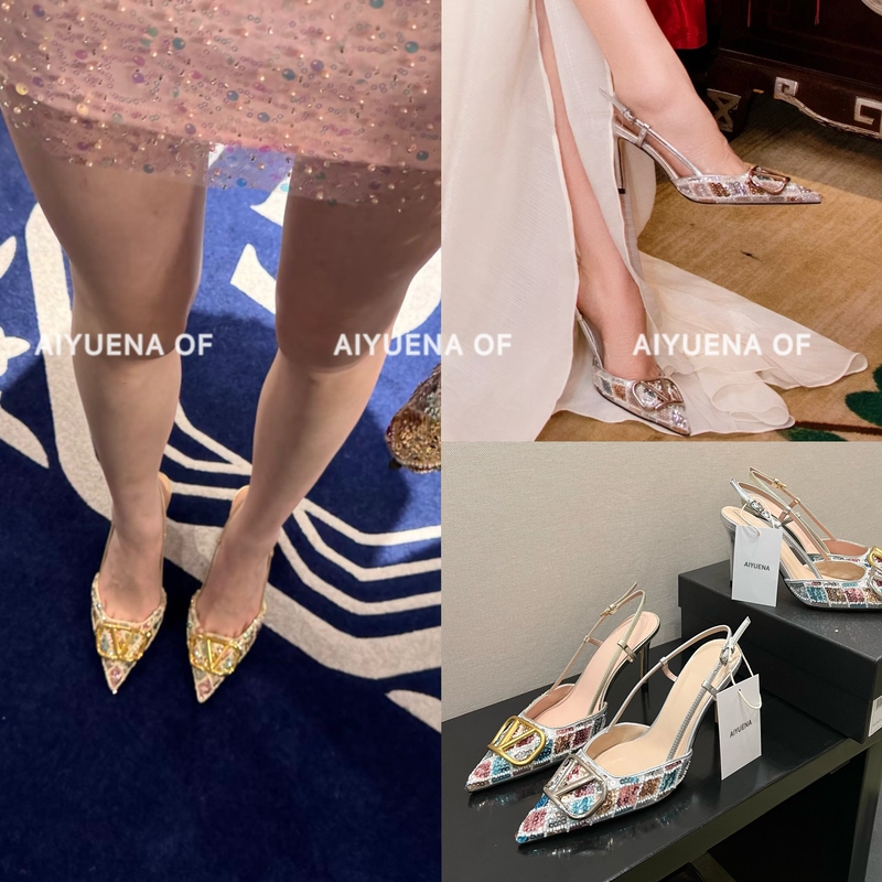 Aiyuena Top Version! 26Fw Elegant and Intellectual Metal Buckle Pointed Toe High Heels with Open Back Stiletto Sandals for Women